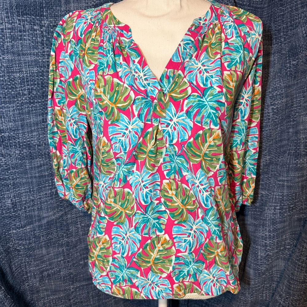 Tropical Leaf Print V-Neck Women’s Top